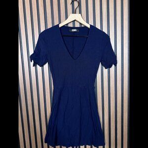 Reformation Skater Dress Small Womens Blue Ribbed Shoulder Tie V Neck